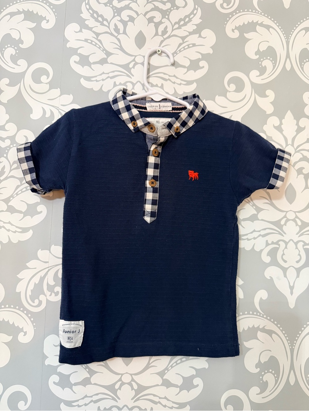 💫4/$25 • Jasper Conrad Junior J Navy Polo Shirt with Check Trim and Red Logo
